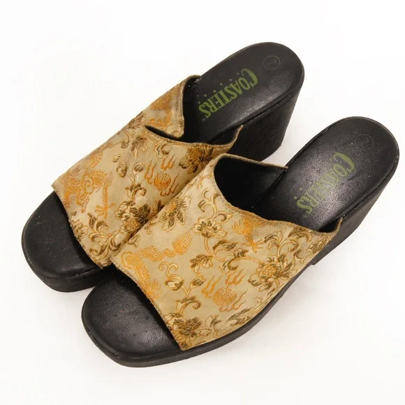 Vintage 90s Coaster Asian Floral Inspired Satin Platform Wedge Sandal Shoes - Picture 2 of 8